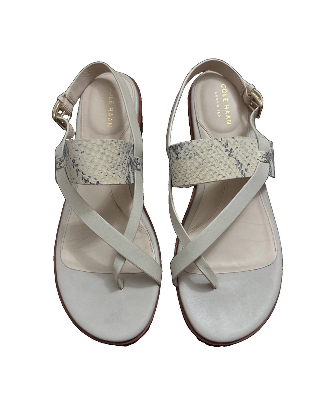 Cole Haan Cream Leather Crisscross Sandals with Snake-Print Strap